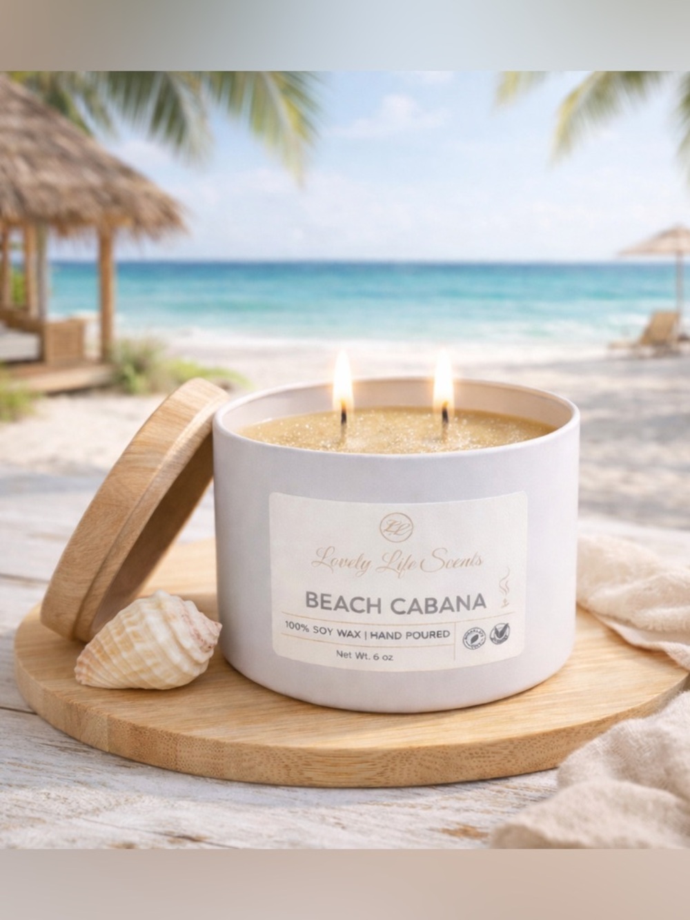 Beach Cabana 6oz Double Wick Soy Candle Tin from Lovely Life Scents